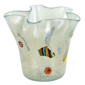Vase Glass Of Murano Modern Green With Murrina Millefiori Leaf Silver