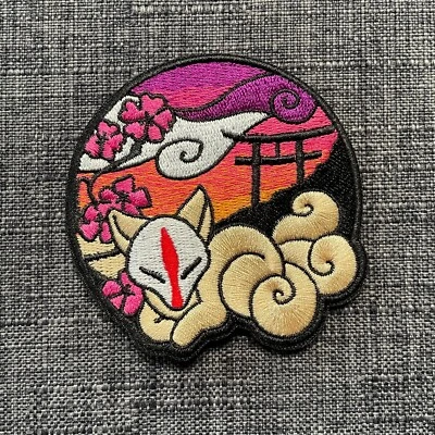 JAPANESE KITSUNE FOX INARI SHRINE Fully Embroidered Patch Badge Motif Iron-On - Image 1 of 3