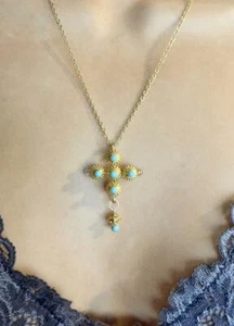 finest quality 2.50ct turquoise round diamond cross pendant 14k yellow gold over - Picture 1 of 8