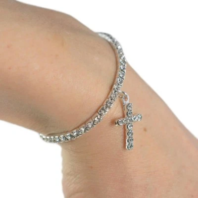 花卉女孩弹力手链银色悬挂十字架施华洛世奇水钻元素 — 第 1/4 张图片