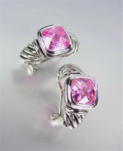 NEW 18kt White Gold Plated Cable Pink Topaz Crystal Omega Spring Latch Earrings - Picture 1 of 2