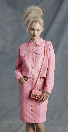 SET GONNA GIACCA TWEED ROSA RAFIA BOUCLE MOSCHINO COUTURE 2017 PASSERELLA TG 8