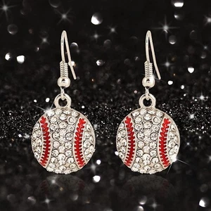 Red and White Rhinestone Crystal Baseball Dangle Earrings Sports Silver Plated - Picture 1 of 8