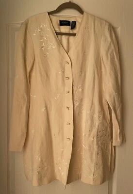 Dana Buchman Linen Silk Embroidered Ivory Jacket Style Top Button Down V-neck- 8 - Изображение 1 из 4