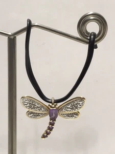 14K Two Tone Gold Diamond & Amethyst Dragonfly Pendant 3/4" 1.8g - Picture 1 of 12