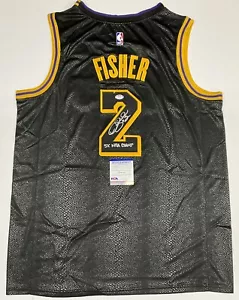 DEREK FISHER LAKERS SIGNED BLACK JERSEY "5X NBA CHAMP" INSCRIPTION PSA 1C61525 - Picture 1 of 4