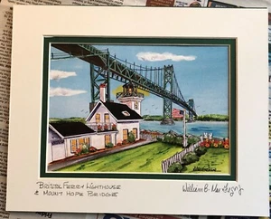Impresión artística del faro del ferry de Bristol Mount Hope Bridge RI decoración de pared enmarañada regalo - Imagen 1 de 3