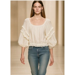 Ramy Brook creme Rüschen Bauern Bluse M Puffärmel Boho Chic Crinkle Top Seide - Bild 1 von 9