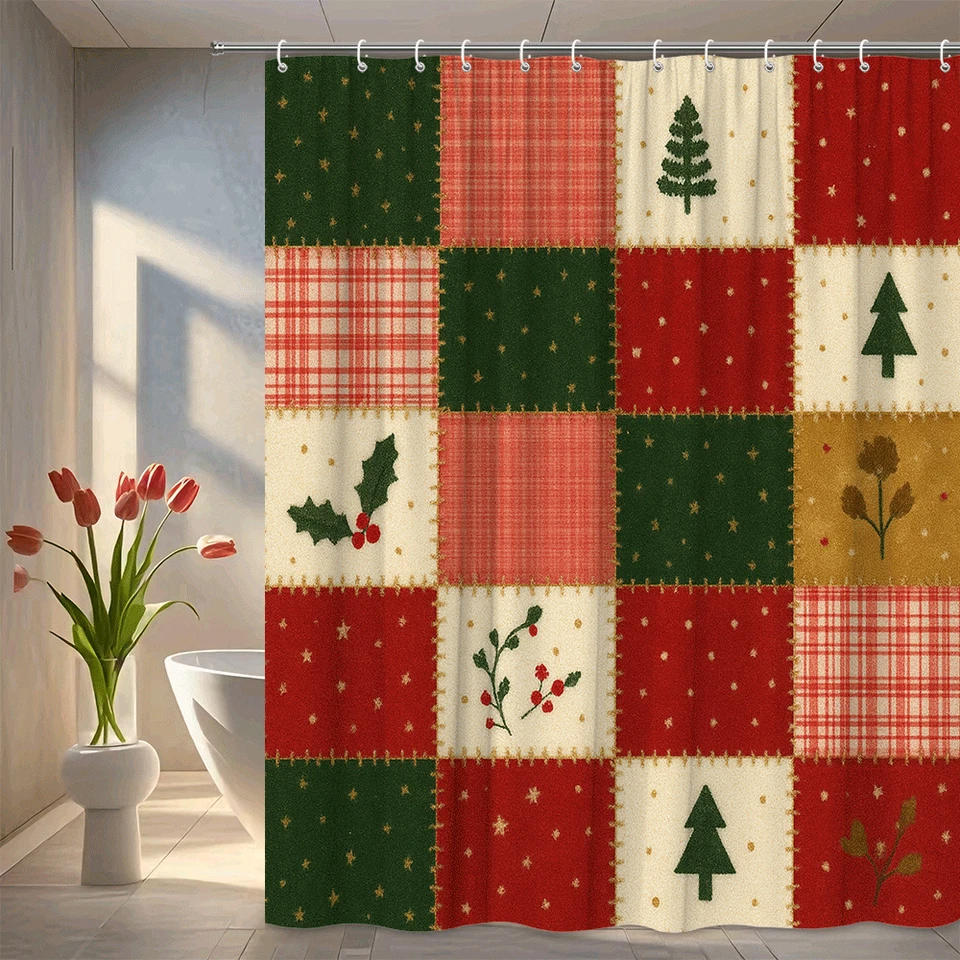 Cortina de Ducha de Navidad con Diseño de Retazos Rojo Verde Foto 1 de 4