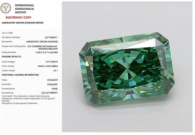 7.07 Radiant Lab Grown Diamond Engagement Ring IGI Certify Fancy Vivid Green VS - Image 1 of 4
