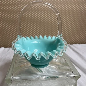 Vintage 50’s Fenton Glass Silver Turquoise Crest Basket - Picture 1 of 13