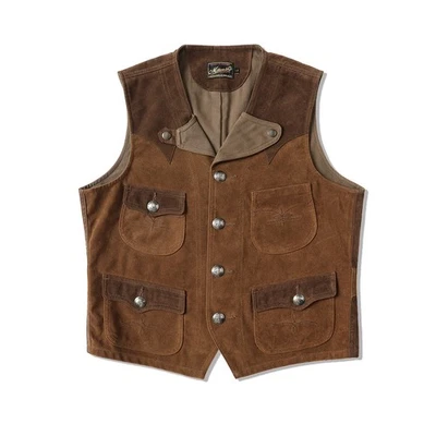 Men's Single Button Western Suede Leather Top French Waistcoat Slim Suede Vests - Image 1 of 4