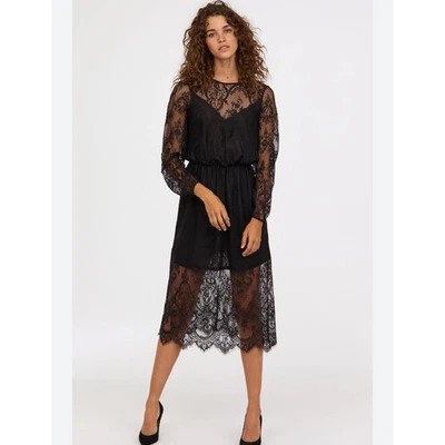 H&M Black Lace Sheer Long Sleeve Midi Dress Sz 10 Dark Fairy Whimsigoth Vamp - Image 1 of 4