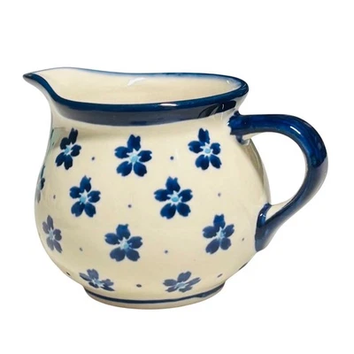 Jarra crema cerámica polaca diseño floral azul hecha a mano en Polonia 6B Foto 1 de 4
