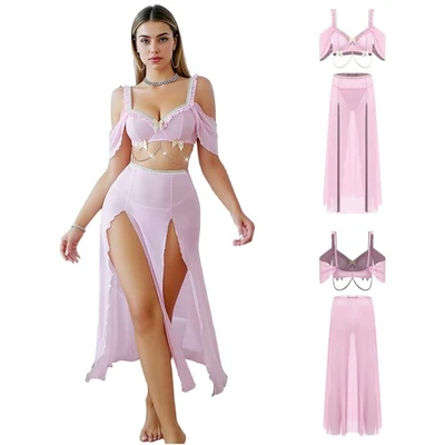 Womens 4 Pcs Belly Dance Set Crop Tops with High Slit Maxi Skirts + Thong+ Chain - Image 1 of 3