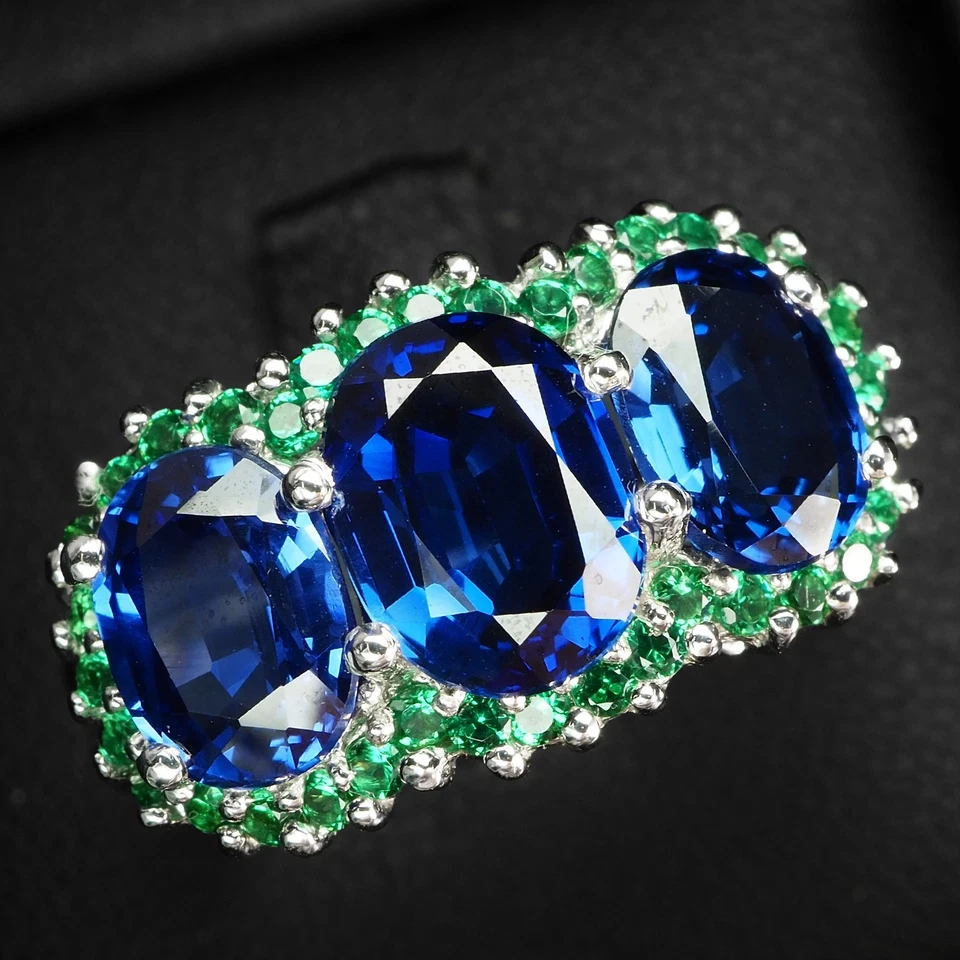 Anelli fatti a mano in argento sterling 925 con tre pietre e zaffiro blu... - Immagine 1 di 4