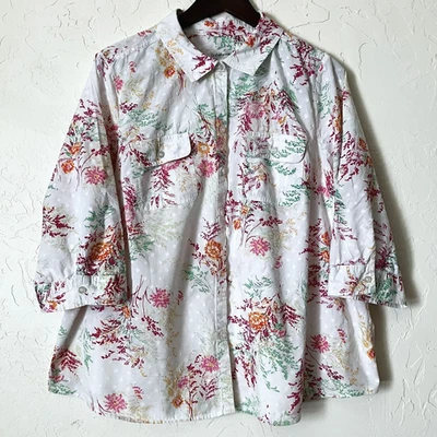 Blusa Croft & Barrow 2X Algodón Floral Punto Suizo Manga Rollo Botón Delantero Foto 1 de 4