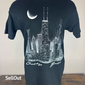Vintage 90s Chicago Skyline T-Shirt Medium Black Graphic Print Single Stitch - Picture 1 of 5