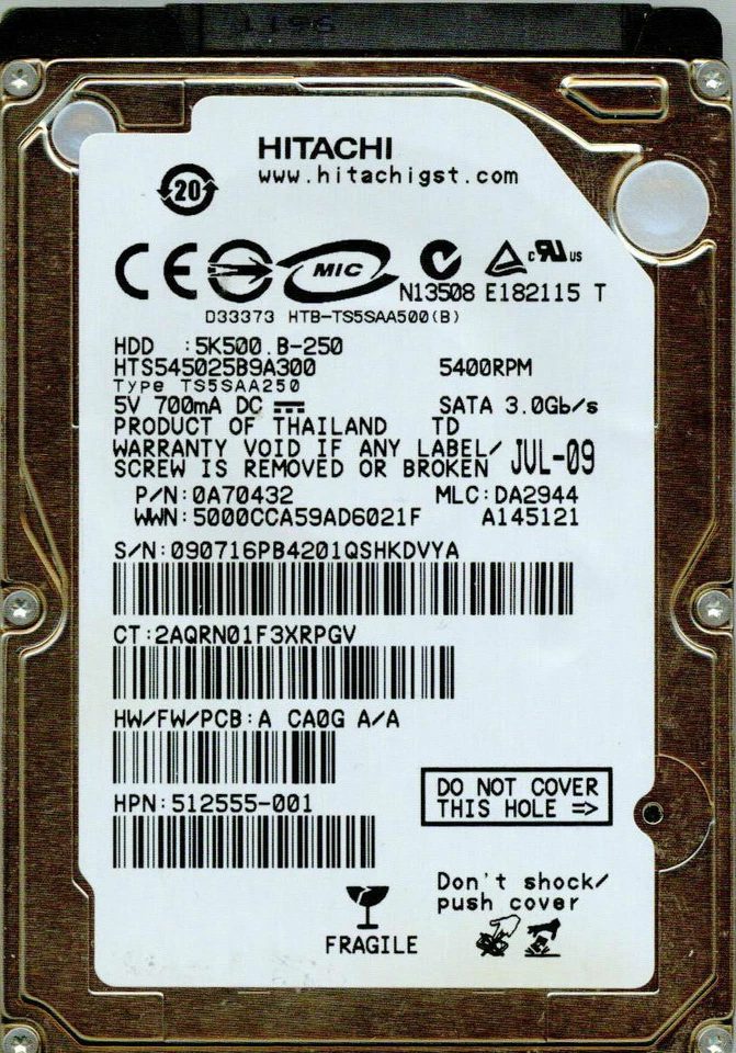 HITACHI SATA 250GB HTS545025B9A300 P/N: 0A70432 MLC: DA2944 - Image 1 of 1