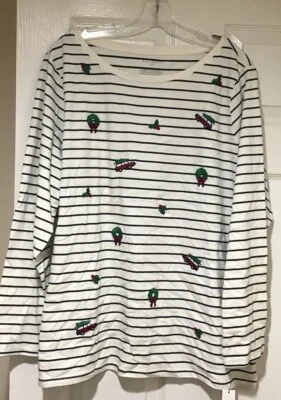 NWT Talbots 1X Cream Stripe Christmas Print Pullover Knit Top - Image 1 of 3