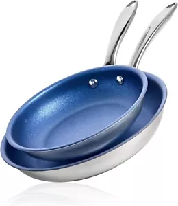 2 Pc 10 + 11 Inch Stainless Steel Pan, Non Stick Frying Pans Diamond Coating - Picture 1 of 5