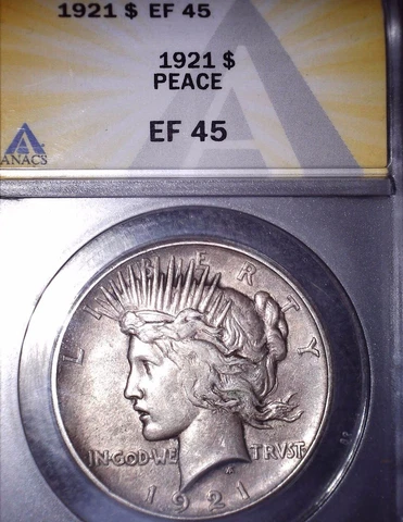 1921 Peace Silver Dollar, ANACS EF45. Beautiful and Issue Free Cover