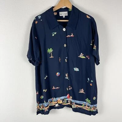 Blusa de praia vintage David Dart feminina XL azul manga curta rayon tropical - Imagem 1 de 4