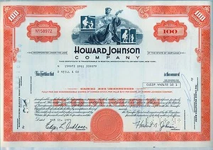 Howard Johnson Company Stock Certificate Maryland Hotel - Picture 1 of 1