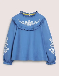 Mini Boden Girl's Long Sleeve Embroidered Floral Frilly Top in Elizabethan Blue - Picture 1 of 3