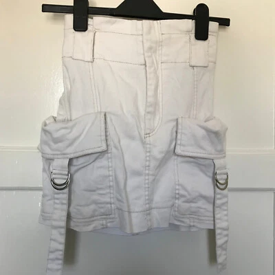Bershka White Denim Mini Skirt UK Size 10 Cotton Blend Pockets Paperbag Waist - Image 1 of 4