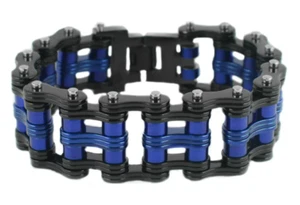 Stainless Steel 24mm Wide Primary Motorcycle Bike Chain Bracelet Black &Blue 117 - Picture 1 of 1