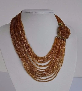 Antique Art Deco amber topaz gold glass seeds multistrand necklace unique clasp - Picture 1 of 8