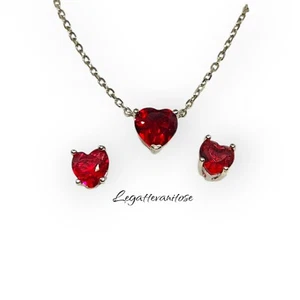 Collana donna Argento  con Cuore Rosso . punto luce solitario + Orecchini Arg925 - Foto 1 di 16