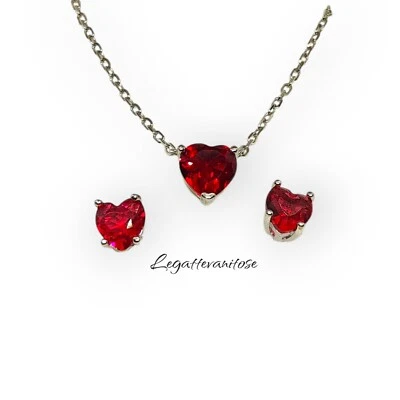 Collana donna Argento  con Cuore Rosso . punto luce solitario + Orecchini Arg925 - Immagine 1 di 4