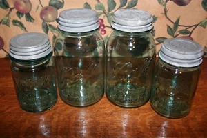 4-VINTAGE BLUE BALL PERFECT MASON JARS- ZINC LIDS(2 QT,2 PINT)  - Picture 1 of 4