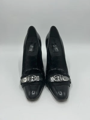 Zapatos de tacón Gucci charol con escote para mujer talla 6 1/2 negro hebilla plateada Foto 1 de 4