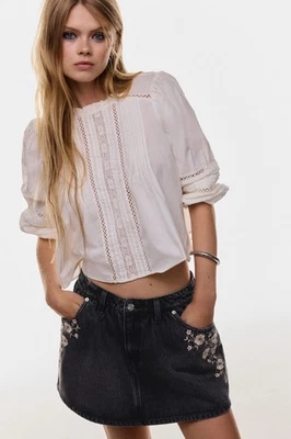 Minifalda vaquera negra lavada bordada floral Y2K mejor para talla 6 boho retro Foto 1 de 4