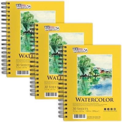 U.S. Art Supply 5.5" x 8.5" Premium Heavyweight Watercolor Paper Pad, Pack of 3  - Image 1 of 4