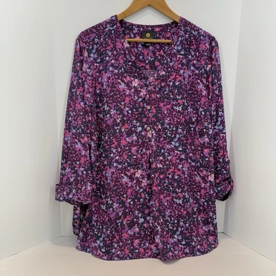 JM Collection Purple & Pink Chiffon Tab Sleeve Tunic Sz 3X  Blouse Top - Image 1 of 4