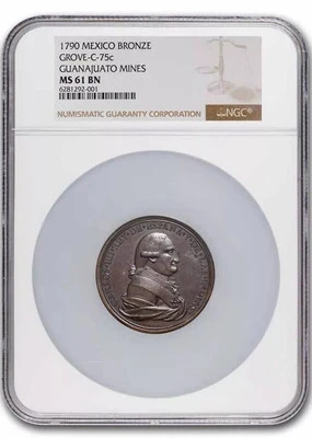 1790 Mexico Grove Bronze Medal MS-61 NGC Brown, Grove-C-75c NICE SCARSE - Image 1 of 3