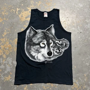 Vintage 90s Wolf And Pups Wildlife Nature Wilderness Black Tank Top Small NWOT - Picture 1 of 8