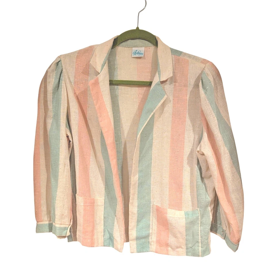 Ardmore Striped Blazer Pastel Pink Blue Cream Linen Blend Cropped Pockets - Image 1 of 4