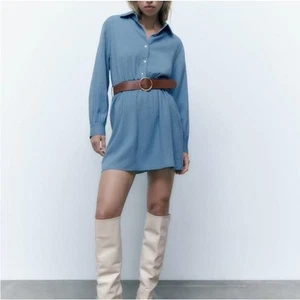 NWT Women’s Large Casual Blue Mini dress lapel collar long sleeves belted - Picture 1 of 7
