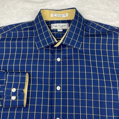 Paul Fredrick Dress Shirt Mens 16-34 Blue/Gold Checks Slim Fit No Iron - Image 1 of 4