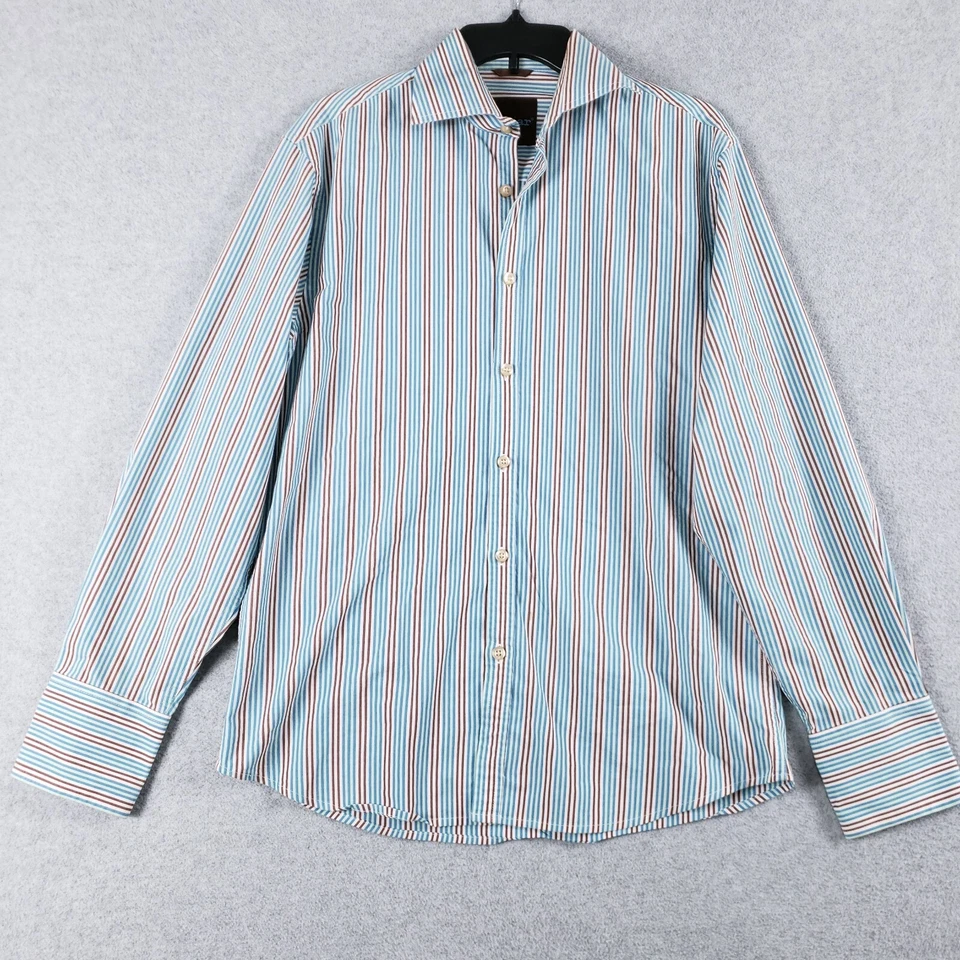 Roar Button Down Shirt Men's Size Medium M Blue/Brown Striped Long Sleeve Shirt - Image 1 of 4