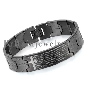 8.3" Mens Stainless Steel English Bible Verse Lords Prayer Cross Bracelet - Picture 1 of 6