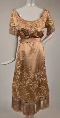 EXCEPTIONAL EDWARDIAN GOLDEN SILK DRESS W THE RICHEST COUCHED FLORAL EMBROIDERY  - Image 1 of 4