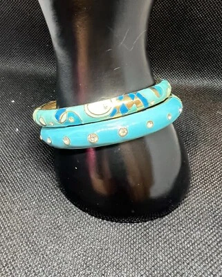 Turquoise Enameled Cuffs Rhinestone bezel Set clamp bracelets vintage - Image 1 of 4