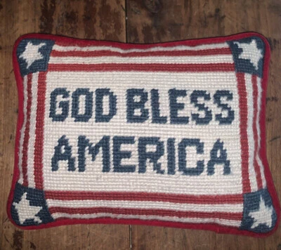 "Almohada mensaje terciopelo bordado lana punta aguja God Bless America 6,75""x9"" de colección" Foto 1 de 4