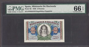 Spanien 2 Peseten 1938 Pick-95 EDELSTEIN UNC PMG 66 EPQ - Bild 1 von 2